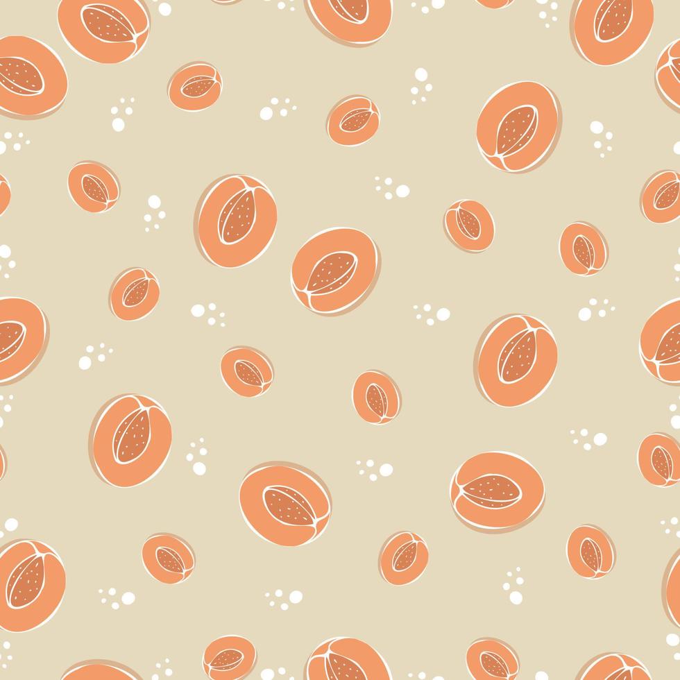 Vector Peaches fruit seamless pattern on isolated beige brown background.