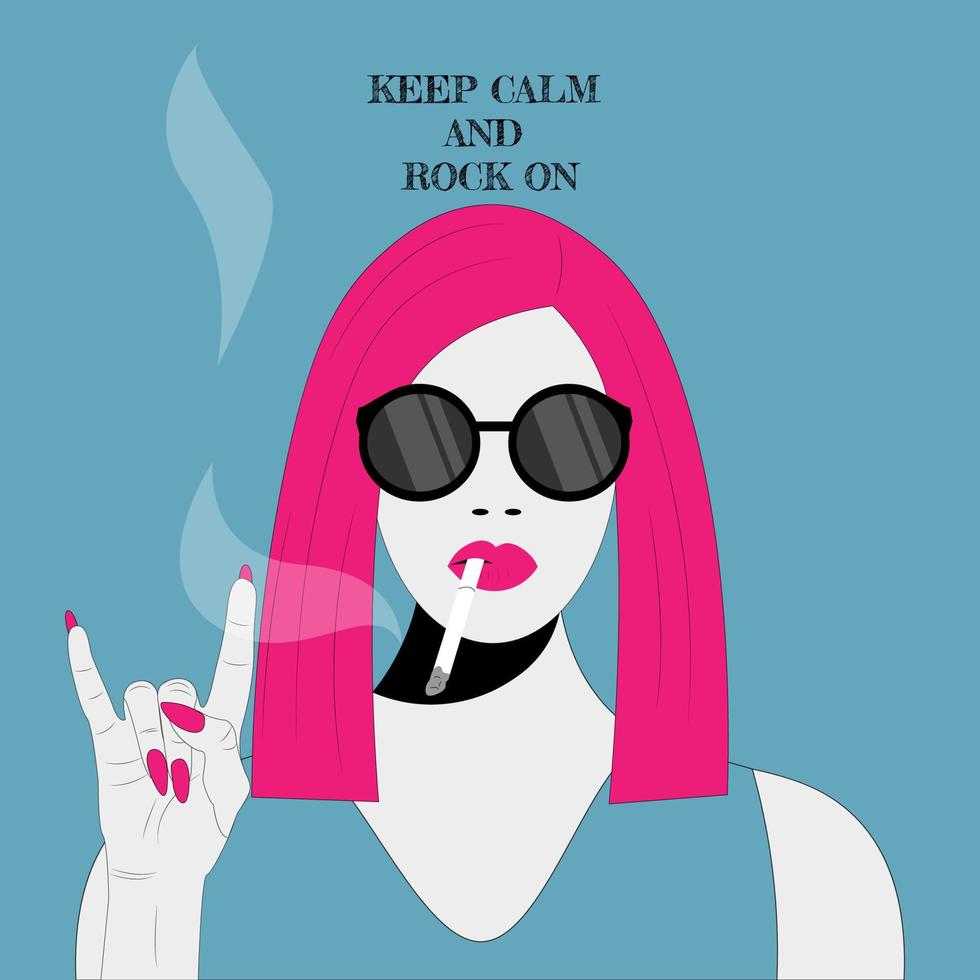 Cartoon illustration smoking girl holding rock and roll sign vector