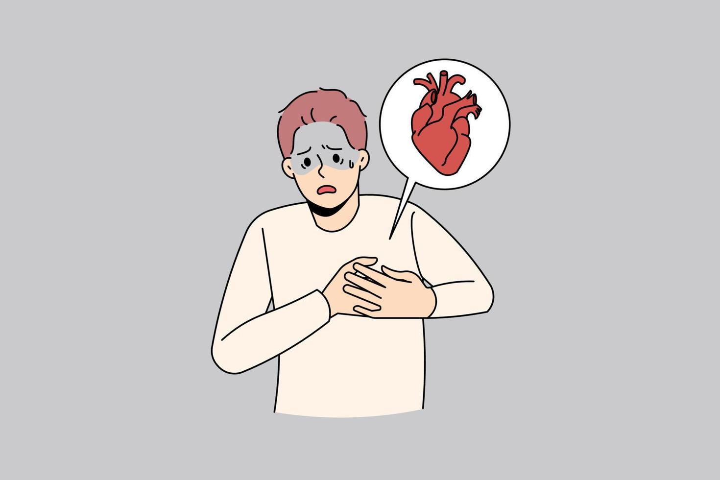 el hombre enfermo se siente enfermo y sufre un infarto. un tipo enfermo e infeliz toca la parte superior del pecho con problemas cardiovasculares necesita ayuda médica. salud y medicina. ilustración vectorial vector