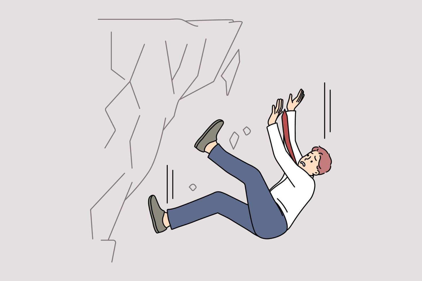 Stressed businessman fall down from rock suffer from work failure or crisis. Unhappy male employee have professional or job fiasco struggle breakdown. Flat vector illustration.