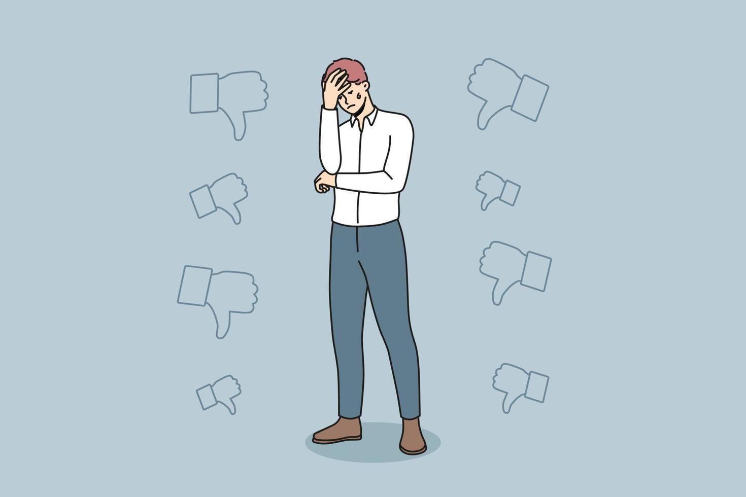 Unhappy businessman stressed with negative feedback or bad career news. Upset male employee distressed with work failure or mistake. Job burnout or mental breakdown. Vector illustration.