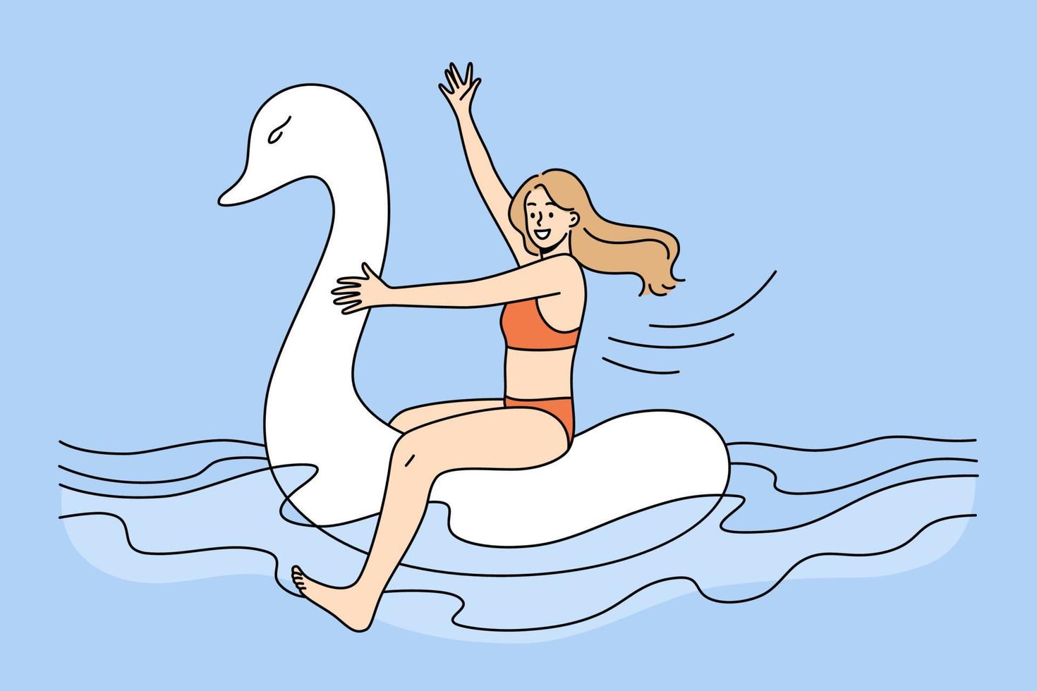 chica feliz divertida en traje de baño flotando en cisne de goma en el mar en vacaciones de verano. una joven sonriente en bikini se divierte nadando en un anillo inflable en vacaciones. ilustración vectorial vector