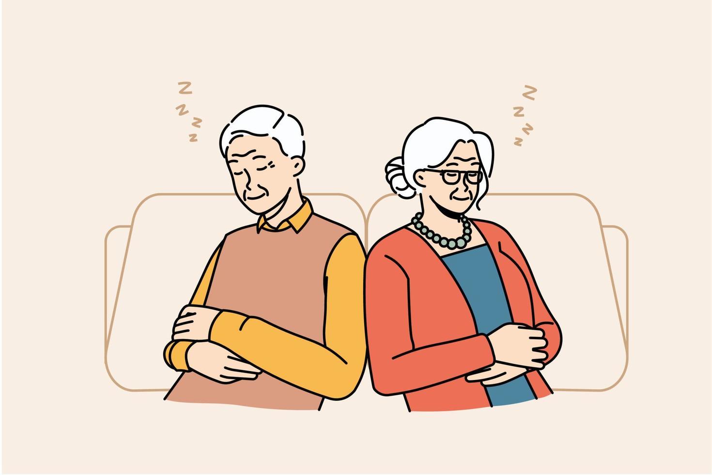 Tired old man and woman sit relax in chairs taking nap or daydreaming. Exhausted mature grandparents rest in armchairs sleeping and seeing dreams. Maturity and relaxation. Vector illustration.