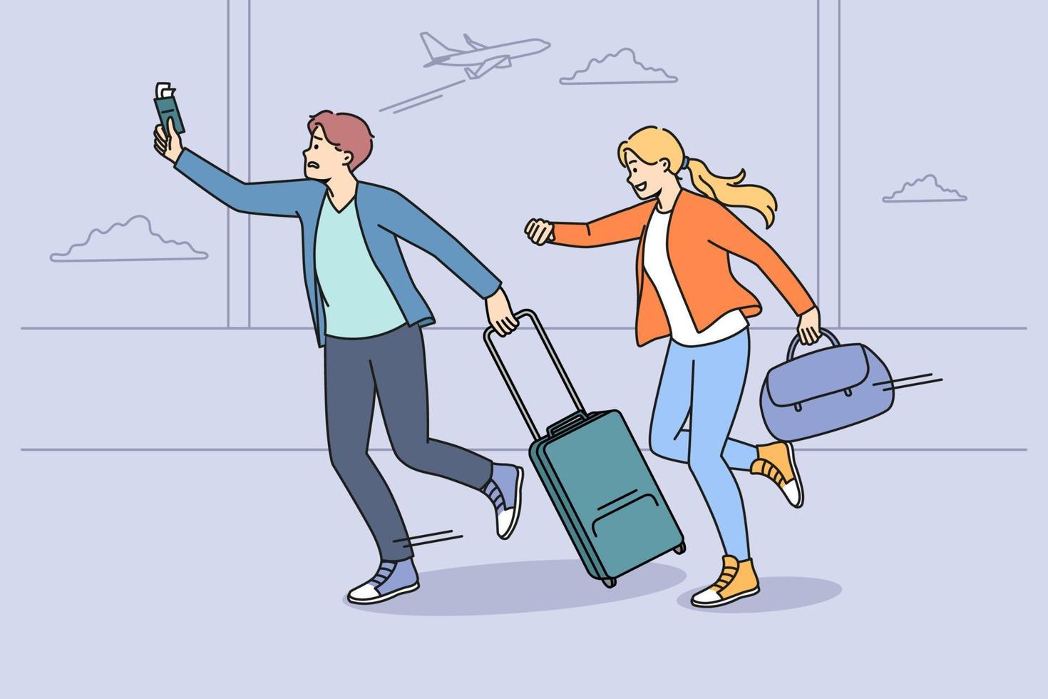 Worried couple tourists run in hurry for plane in airport. Man and woman travelers in rush not to miss flight going to vacation or trip. Travel and tourism concept. Vector illustration.