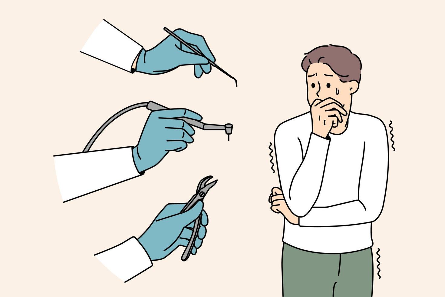 Stressed man scared of dental tools and equipment at dentist appointment. Unhappy guy afraid of teeth fixing distressed of doctor. Dentophobia concept. Flat vector illustration.