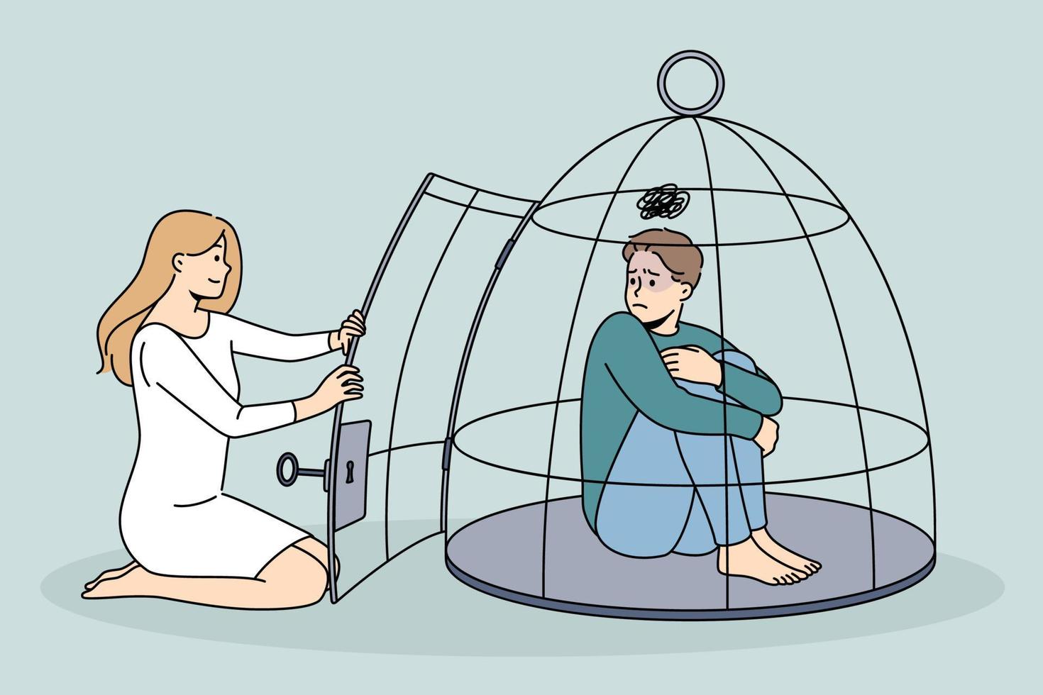 Woman helping unhappy depressed man locked in cage suffer from abuse and oppression. Helpless guy under control and dependence saved by female. Psychological abuse. Vector illustration.