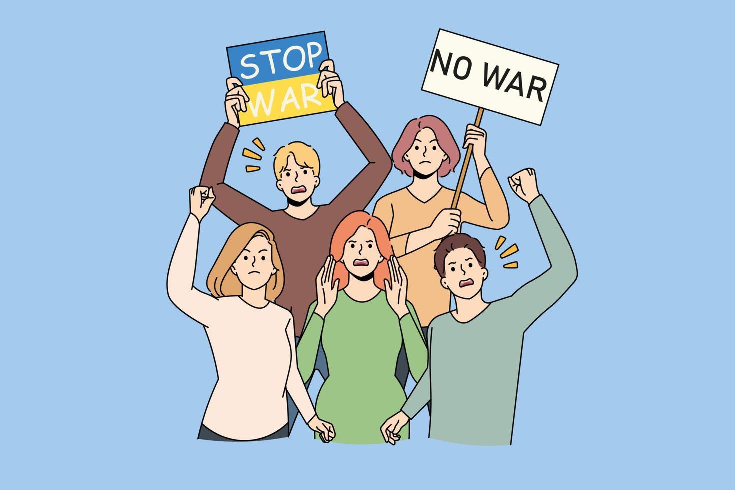 personas enojadas y decididas con banderas y pancartas ucranianas protestan contra la guerra. activistas de hombres y mujeres en demostración de apoyo a ucrania. detener el concepto de guerra. ilustración vectorial plana. vector