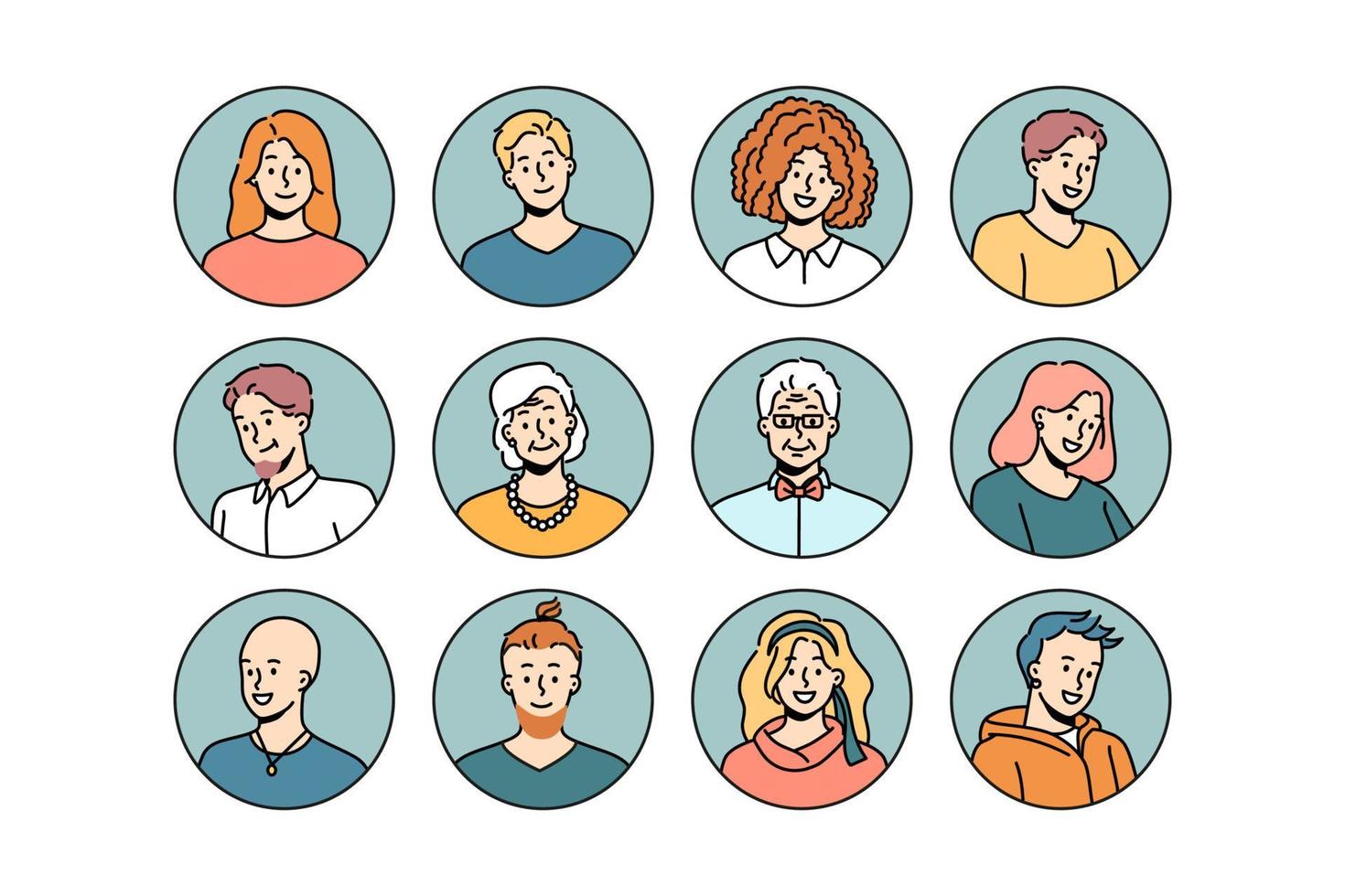 Set of headshot avatars of people of different ages and genders. Head portraits of men and women faces. Collection of young and old generation persons. Diversity. Vector illustration.