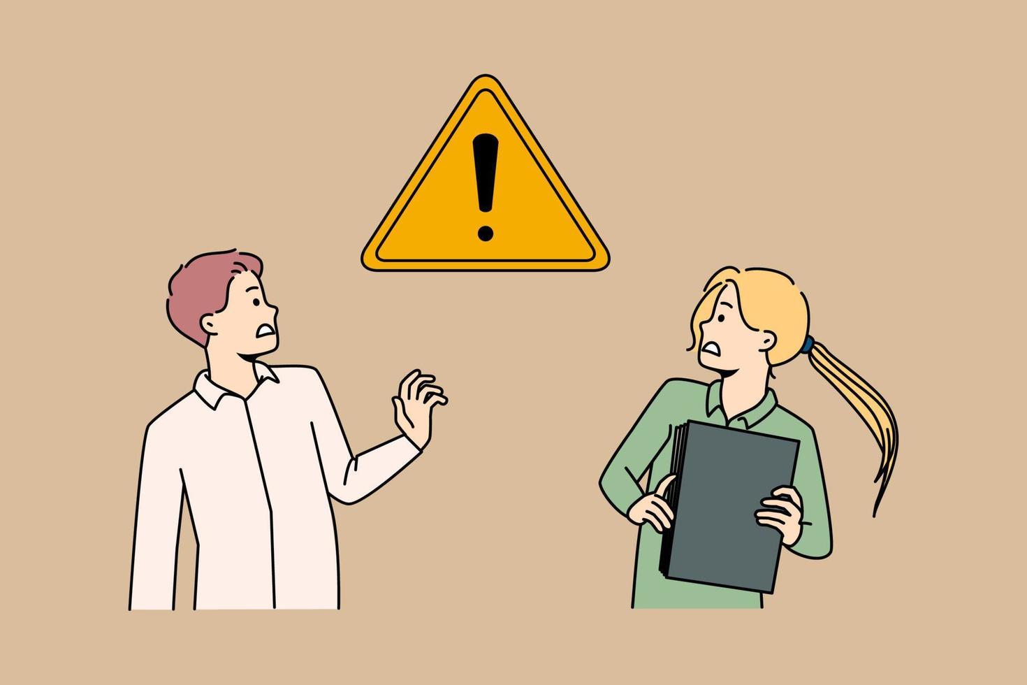 Scared businesspeople frustrated with exclamation warning sign. Anxious woman and man afraid of caution symbol aware of business risk or problem. Failure prevention concept. Vector illustration.