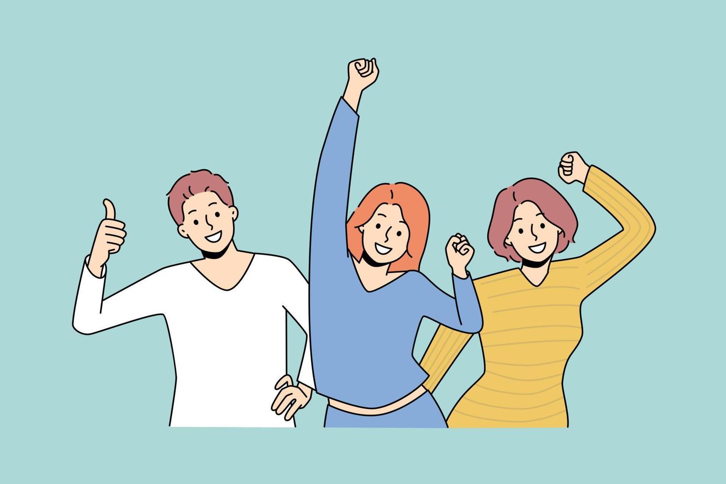 Happy diverse young people feel joyful dancing relaxing together. Smiling millennial friends have fun enjoy party or celebration laughing and joking. Flat vector illustration, cartoon character.