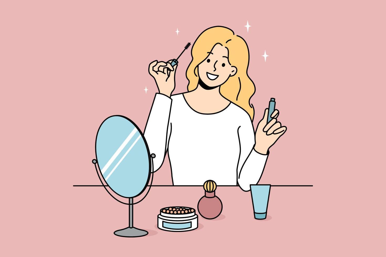 Smiling girl sit at table doing makeup put mascara. Happy young woman look in mirror apply beauty cosmetics products. Daily routine and preparation. Cosmetology. Vector illustration.