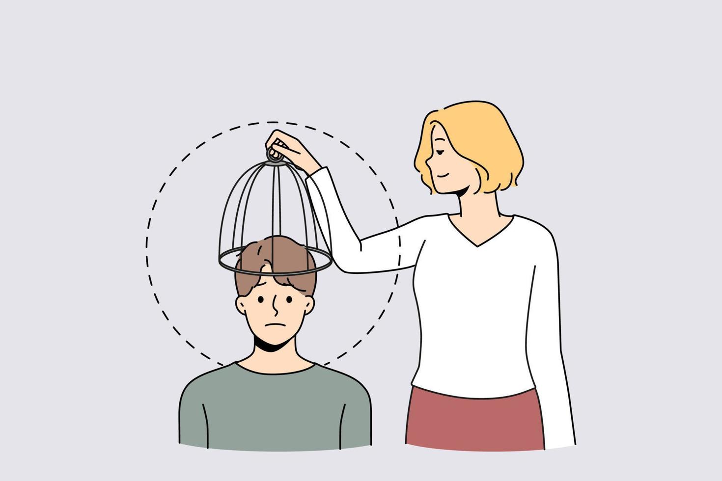 Woman take cage from man head free his mind to new ideas and knowledge. Concept of brain free from imprisonment. Creative thinking and unlock potential. Vector illustration.