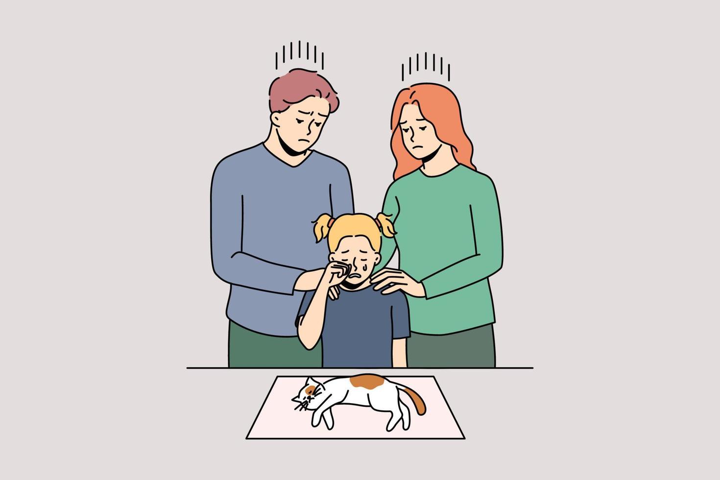 Family with child mourn of sick poor cat being unwell dying on table in hospital. Parents with small kid grieve above old pet gone. Domestic animals and bonding concept. Vector illustration.