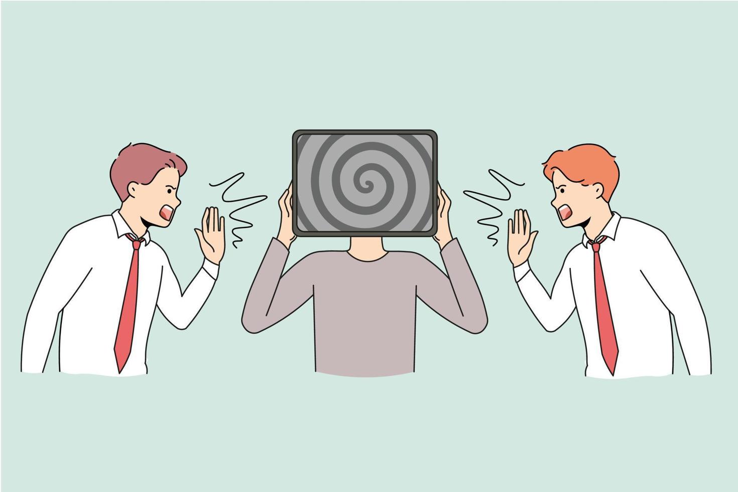 Men screaming to person feeling overwhelmed with information from TV screen. People shout and yell advertising content. Concept of data war or overwhelm. Vector illustration.