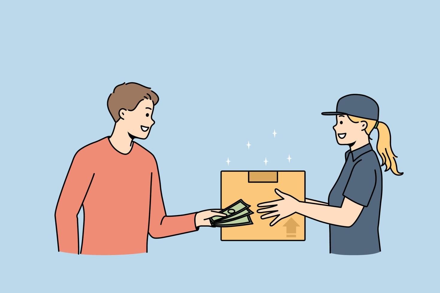 Man client pay cash to female courier delivering package by post. Male customer receive postal parcel order online from postman. Express delivery and shipping concept. Vector illustration.