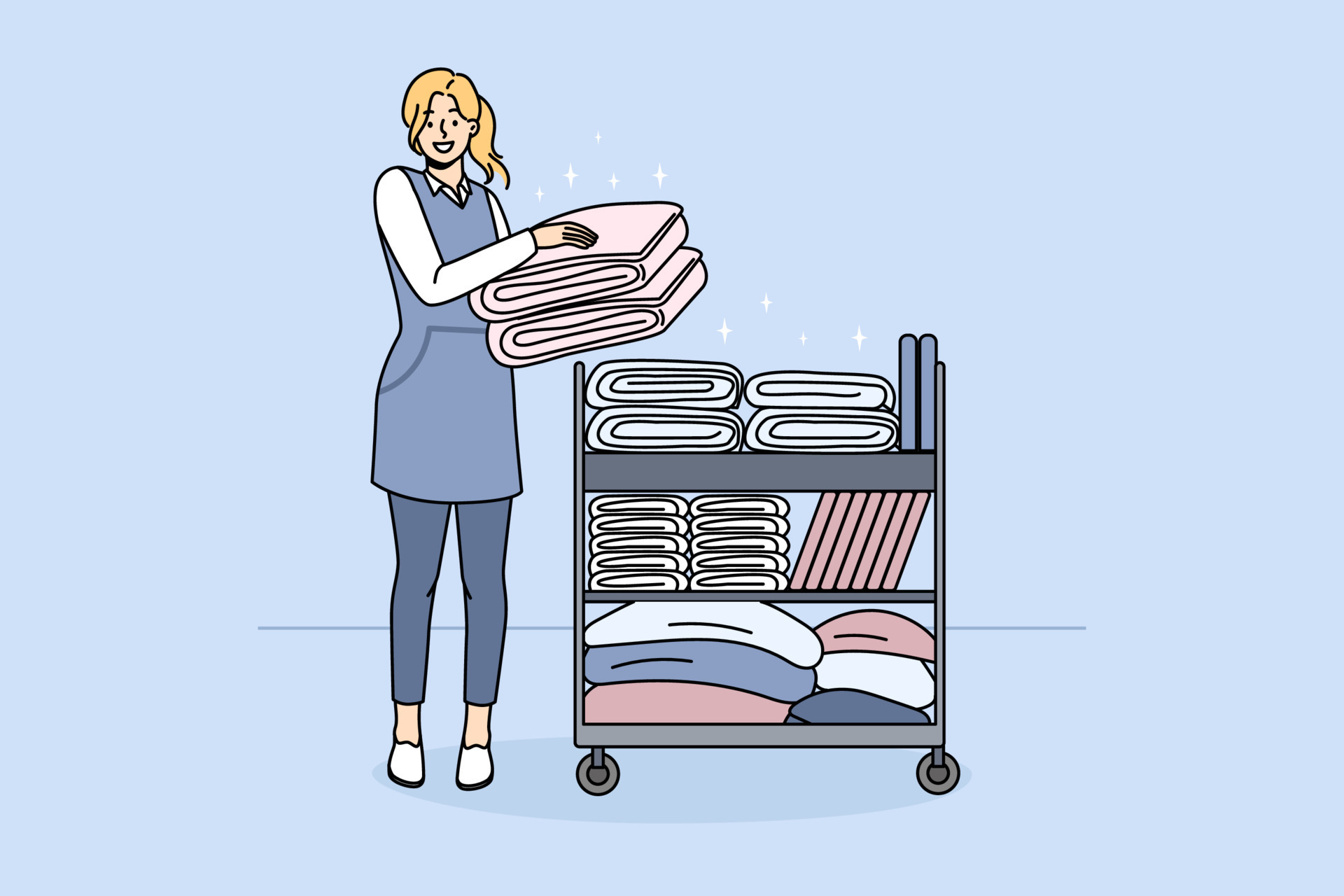 Smiling woman housekeeper with trolley with clean towels work in hotel