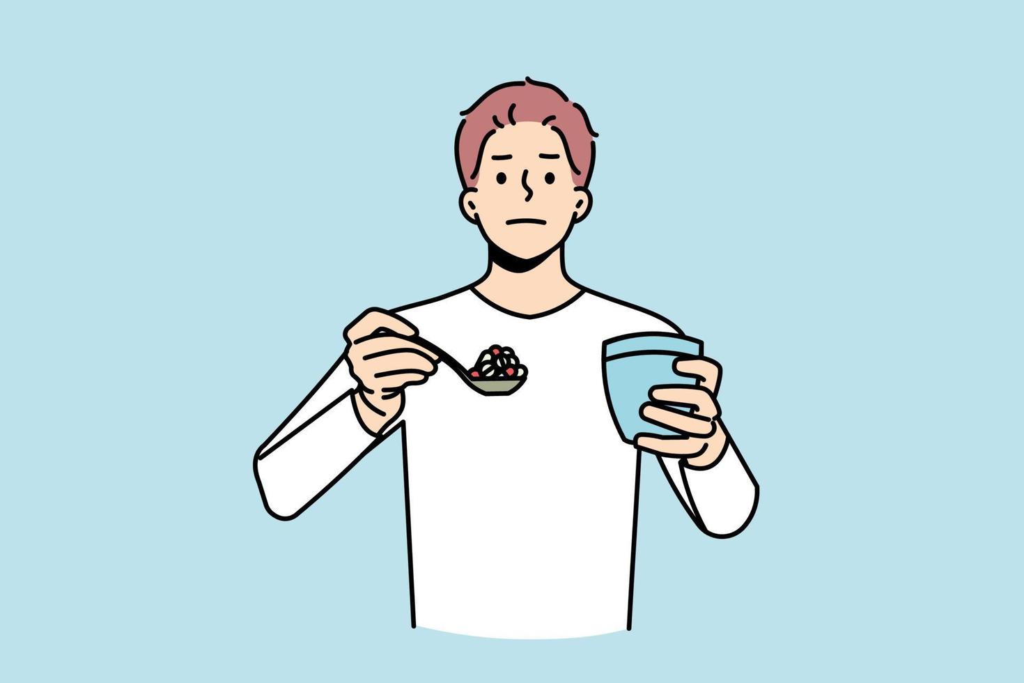 Portrait of young man have spoonful of pills with glass of water. Male patient hold spoon with medications suffer from drug or painkiller addiction. Healthcare and medicine. Vector illustration.