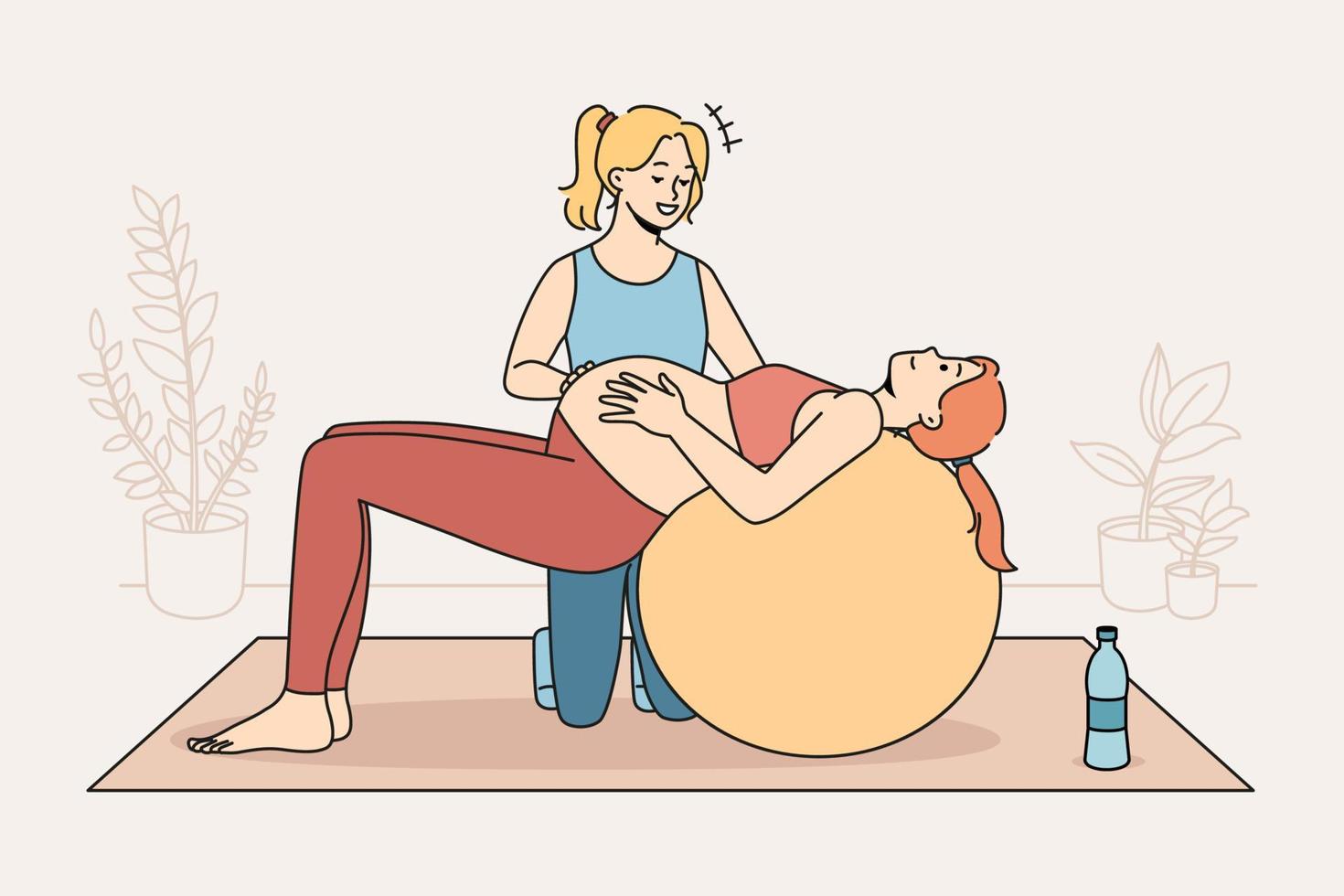 Female coach help pregnant woman do exercise on fit ball do sports preparing for maternity leave. Trainer workout train with future mom to be. Pregnancy and physical activity. Vector illustration.