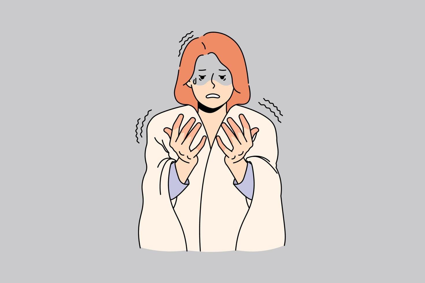 Unhappy woman feel anxious look at red hands suffer from sickness or illness. Upset female with blanket on shoulders have fingers frostbite struggle with cold weather. Vector illustration.