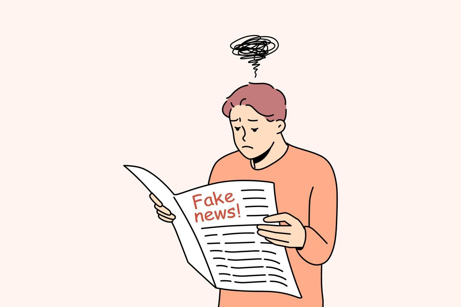 Confused man reading newspaper feeling unsure about news. Skeptical doubtful guy unhappy about disinformation and propaganda in printed media. Vector illustration.