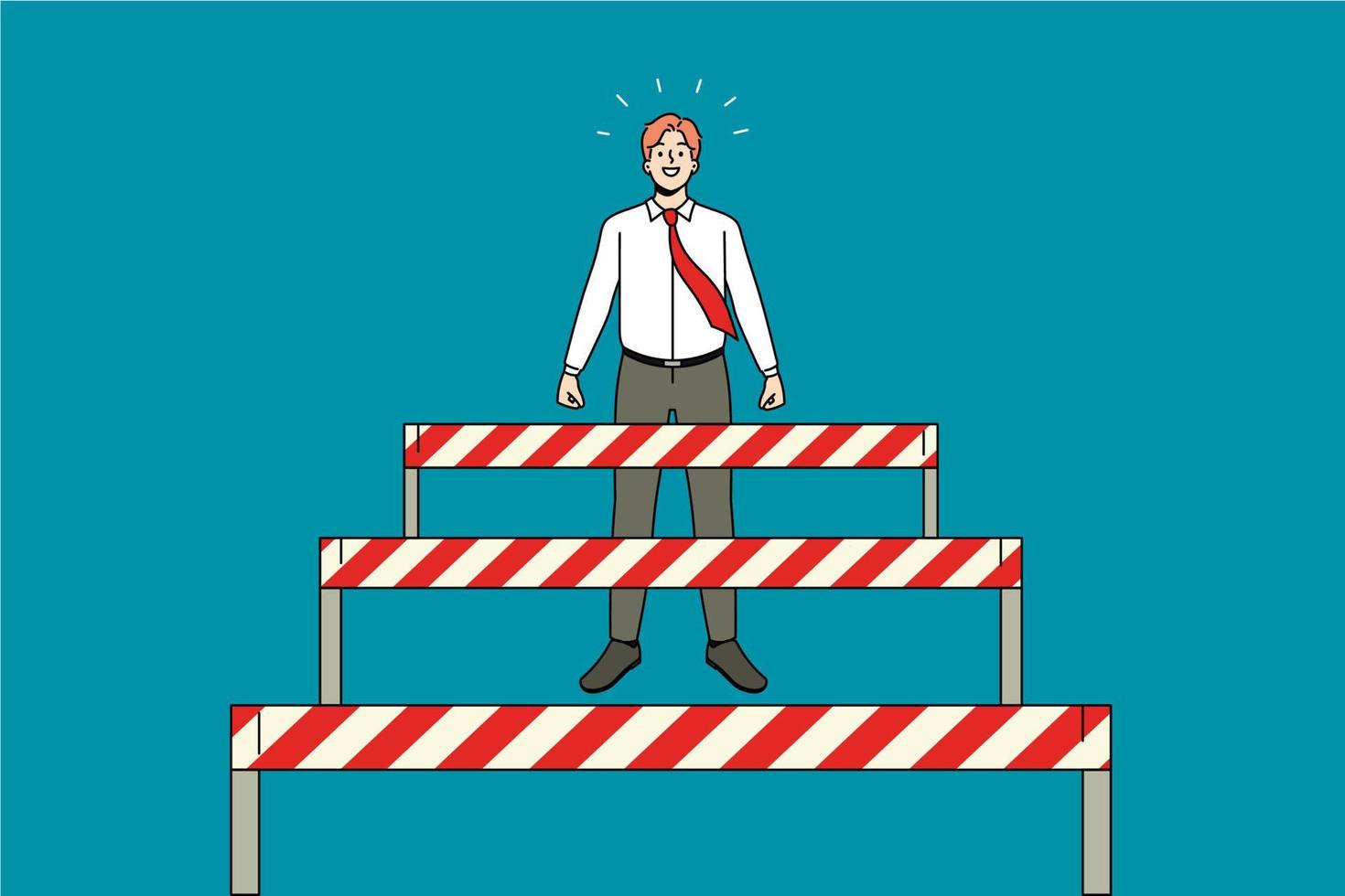 Businessman stand overcome obstacles on way to career or work success. Motivated happy man employee pass barriers to achievement. Challenge and accomplishment. Vector illustration.