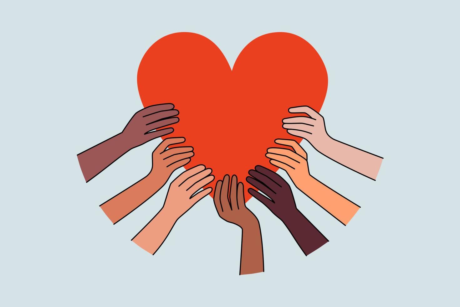 las manos de diversas personas sostienen un gran corazón que muestra cuidado y amor a la sociedad. las personas multirraciales involucradas en la caridad o el trabajo voluntario ayudan a los necesitados. apoyo y ayuda mundial. ilustración vectorial vector