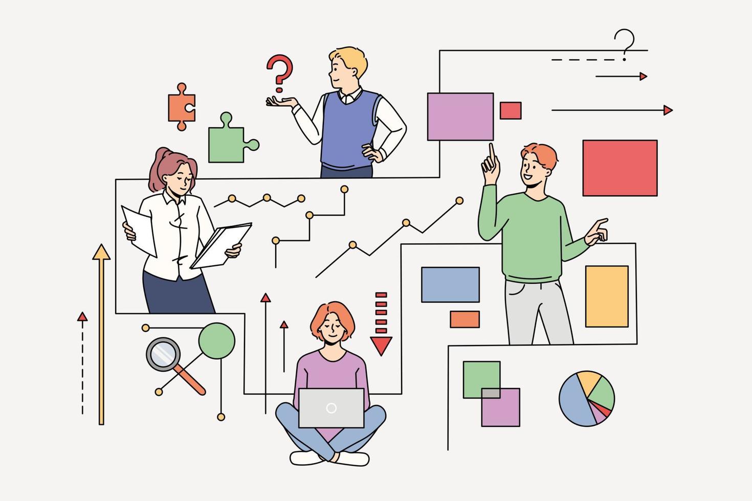 Diverse people connected in network looking for information or problem solution. Men and women employees cooperate for issue or trouble solving. Teamwork. Vector illustration.