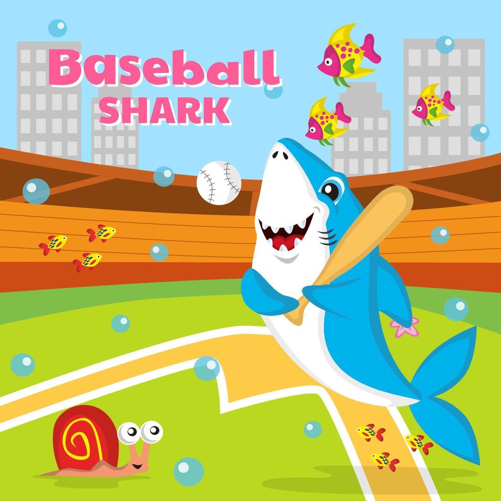 Cute shark playing baseball, vector, editable, great for comics, illustrations, coloring books, stickers, posters, websites, printing, t-shirts and more vector