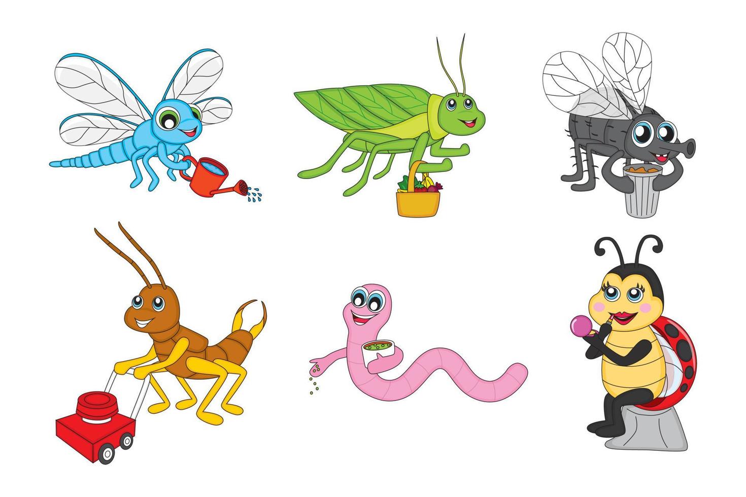una colección de personajes de insectos que realizan sus actividades diarias, bueno para libros de cuentos para niños vector