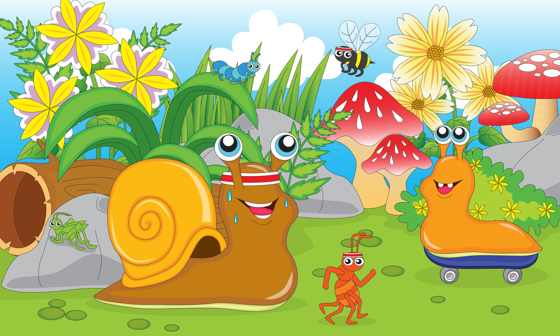 cute snails and ants doing sports, children's book illustrations