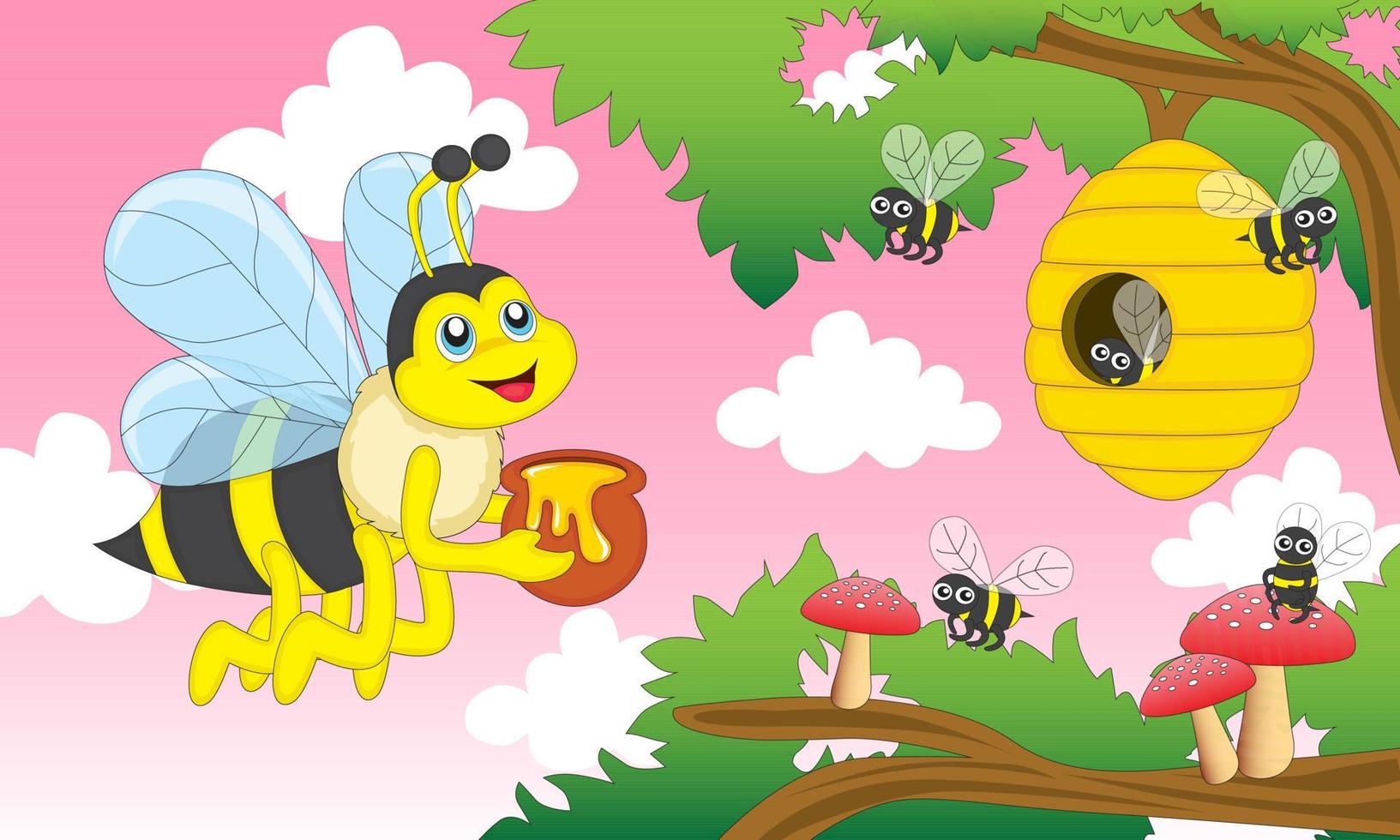 lindas abejas recogen miel, ideales para ilustraciones de libros infantiles, afiches, impresión, educación, sitios web y más vector