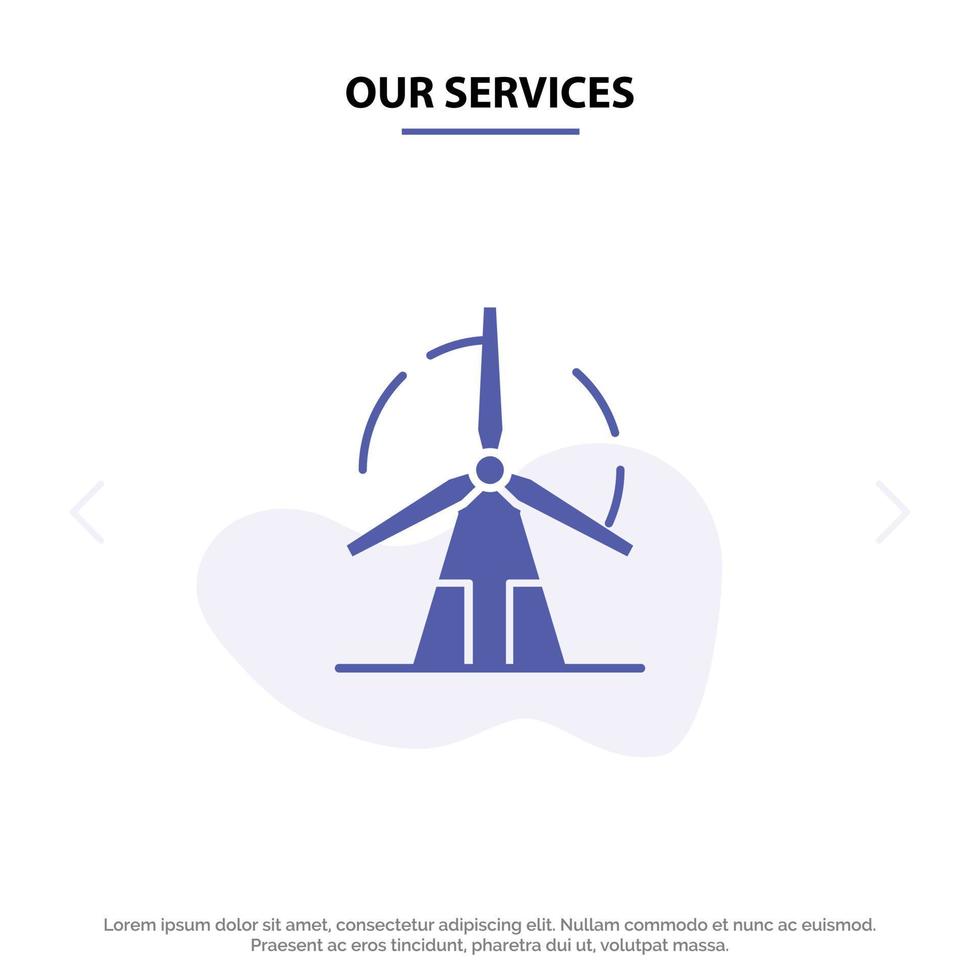 nuestros servicios energía limpia energía verde molino de viento icono de glifo sólido plantilla de tarjeta web vector