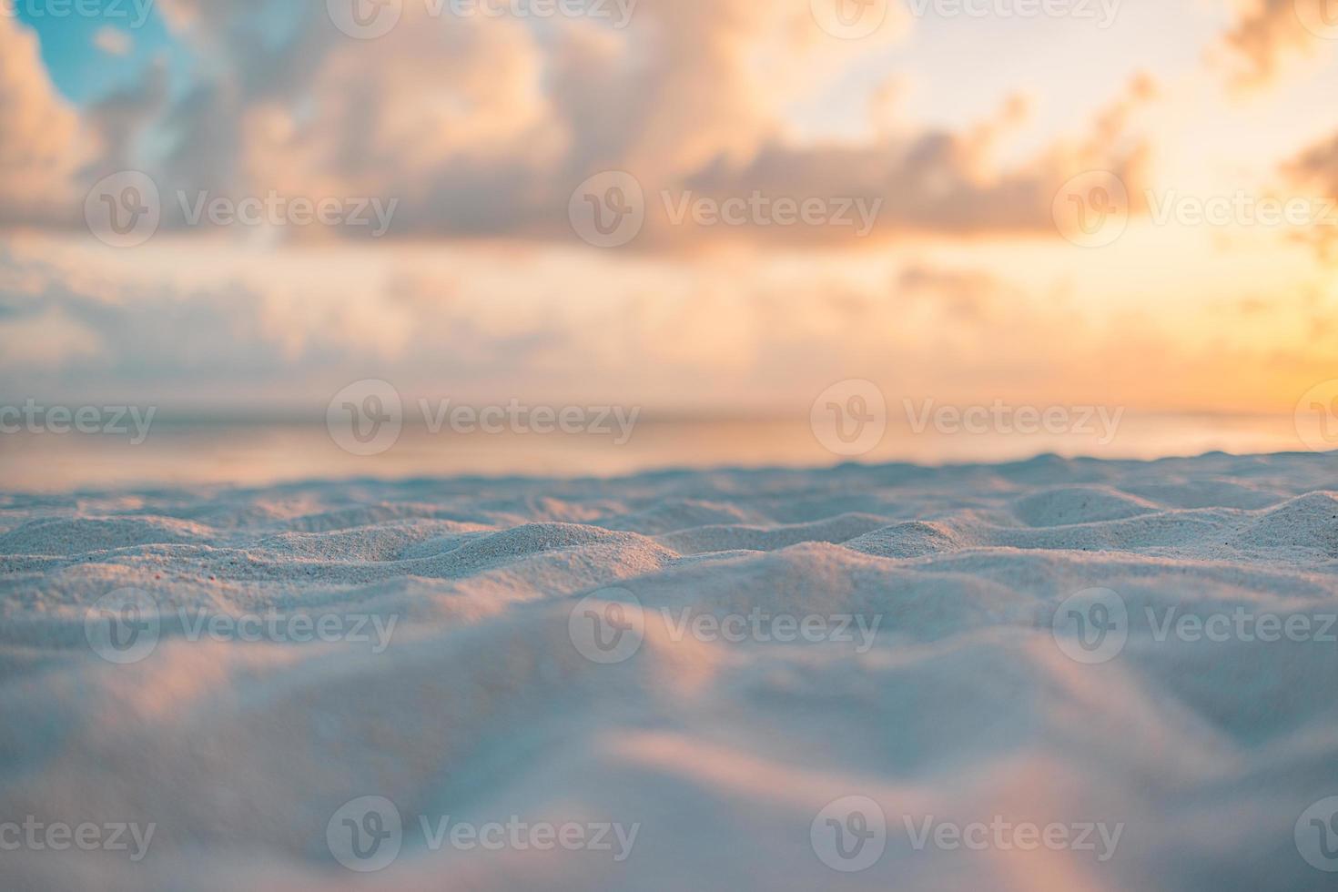 Amazing closeup beach sunset, endless blurred horizon, incredible dreamy sunlight. Relax, tranquility bright beach sand, rays. Positive energy serene solitude sea view. Summer beach golden skyline photo