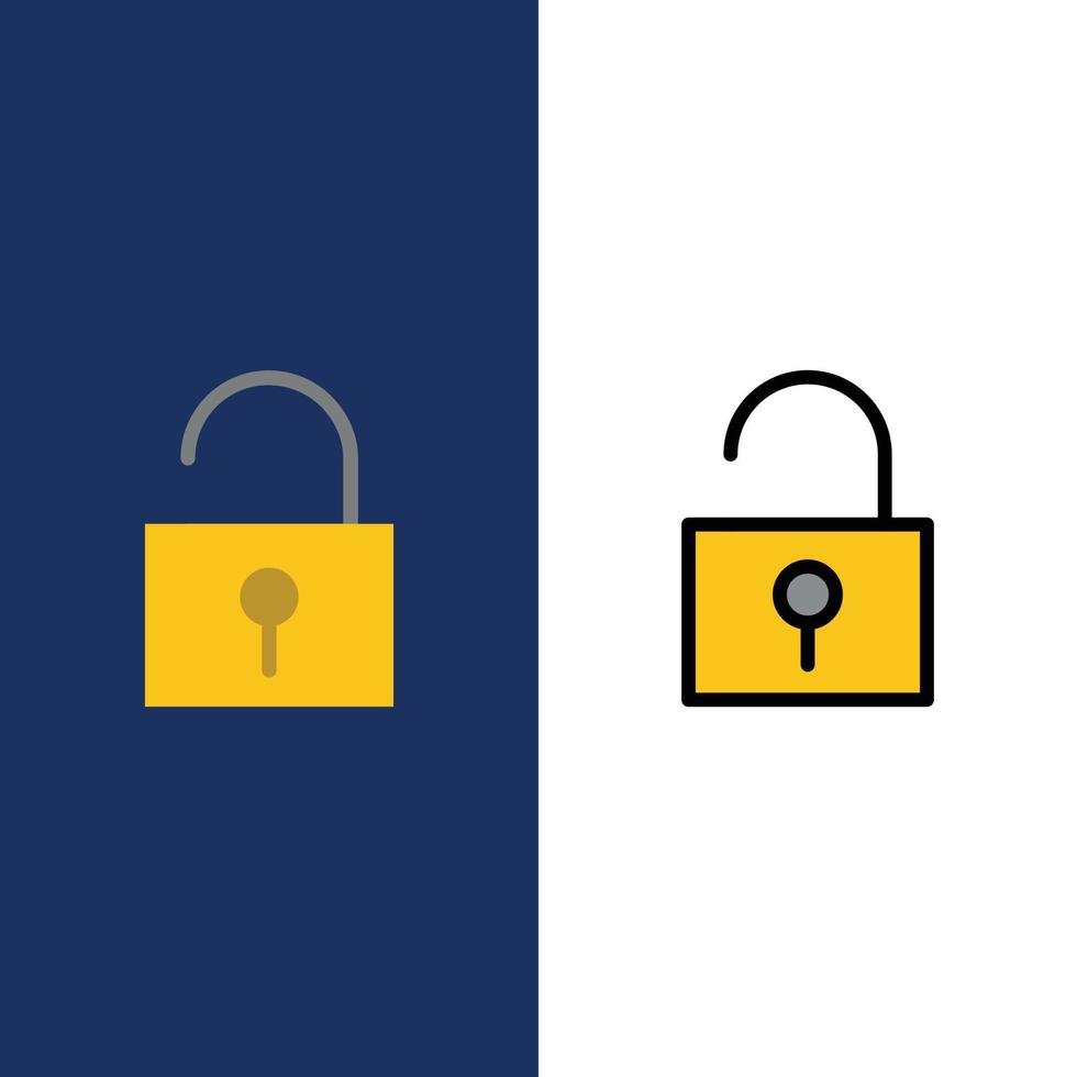 bloquear los iconos de la interfaz de usuario desbloqueados planos y llenos de línea conjunto de iconos vector fondo azul
