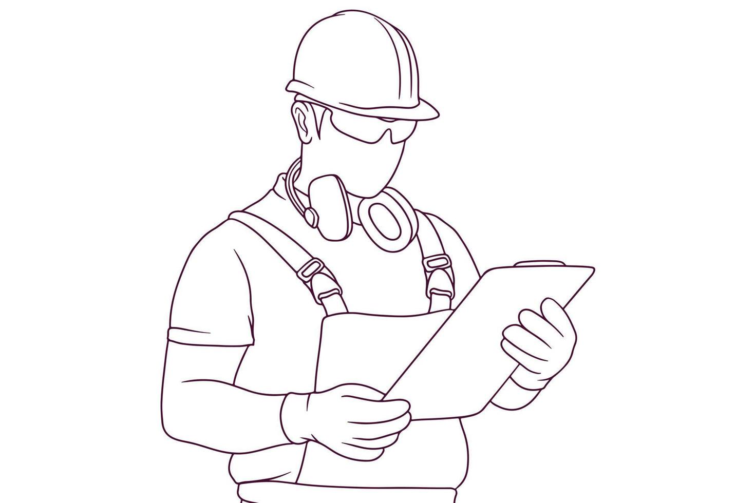 engineer looking at clipboard hand drawn style vector illustration