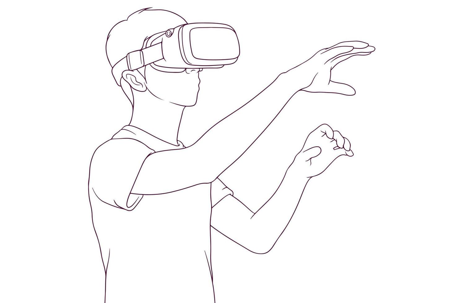 Young man using virtual reality headset hand drawn style vector illustration