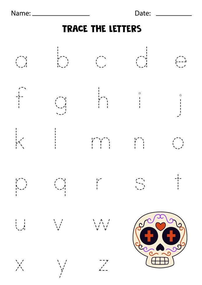 Worksheet with Mexican skull. Trace lowercase letters of alphabet. vector