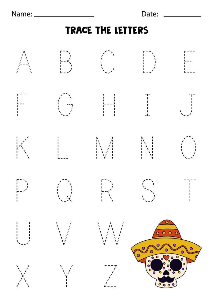 Worksheet with Mexican skull. Trace uppecase letters of alphabet. vector