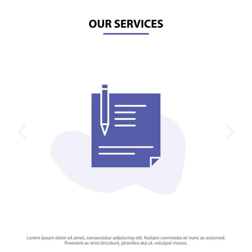 nuestros servicios contrato documento archivo página papel firmar firma icono de glifo sólido plantilla de tarjeta web vector