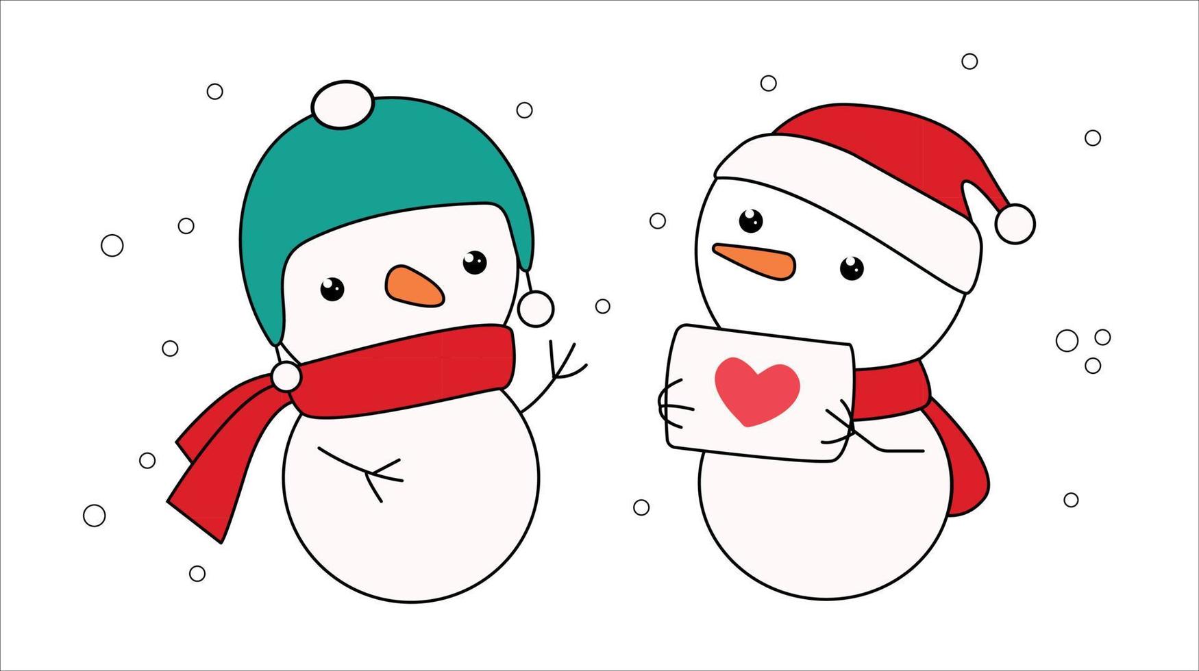 Lindo muñeco de nieve de Navidad ilustración vectorial plana. actividad de invierno para niños aislado conjunto de imágenes prediseñadas. Muñeco de nieve divertido con sombrero y bufanda con sobre. Ilustración de vector de año nuevo.