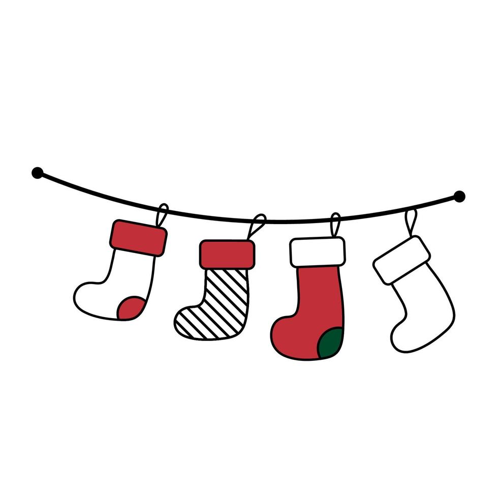 coloridos calcetines navideños aislados sobre fondo blanco. decoración del hogar, lugar para el presente. lindos calcetines navideños. ilustración vectorial vacaciones de invierno conjunto plano ropa cómoda de color verde. vector