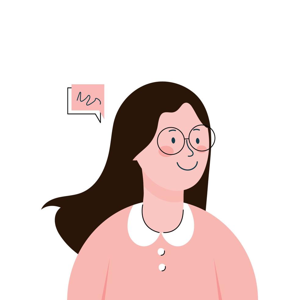 Beautiful girl avatar flat cartoon character in glasses. Young smiling woman avatar. Cartoon minimal style. Vector illustration