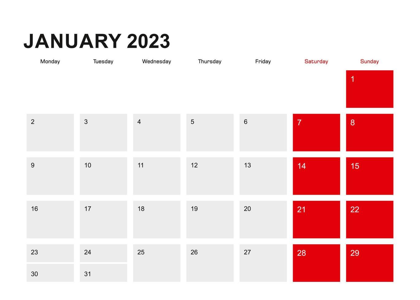 Diseño de calendario planificador de enero de 2023. la semana comienza a partir del lunes. vector