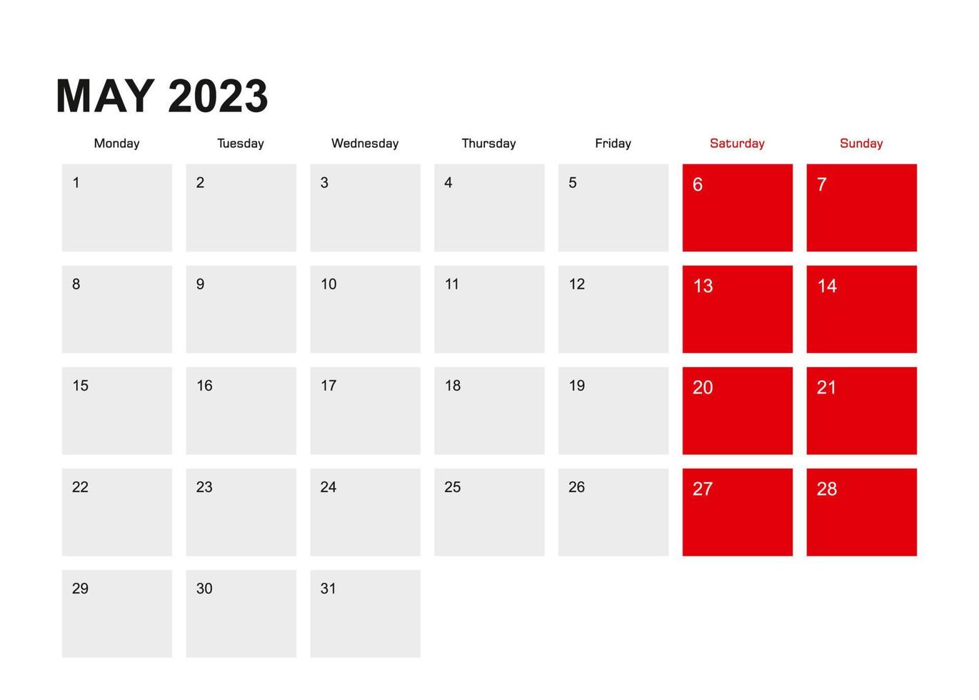 2023 May planner calendar design. Week starts from Monday. vector