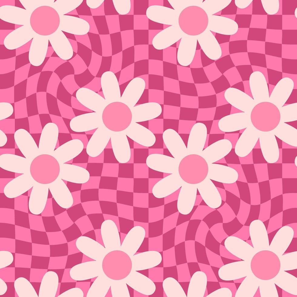 Psychedelic seamless pattern with camomile flowers on trippy grid background. vector