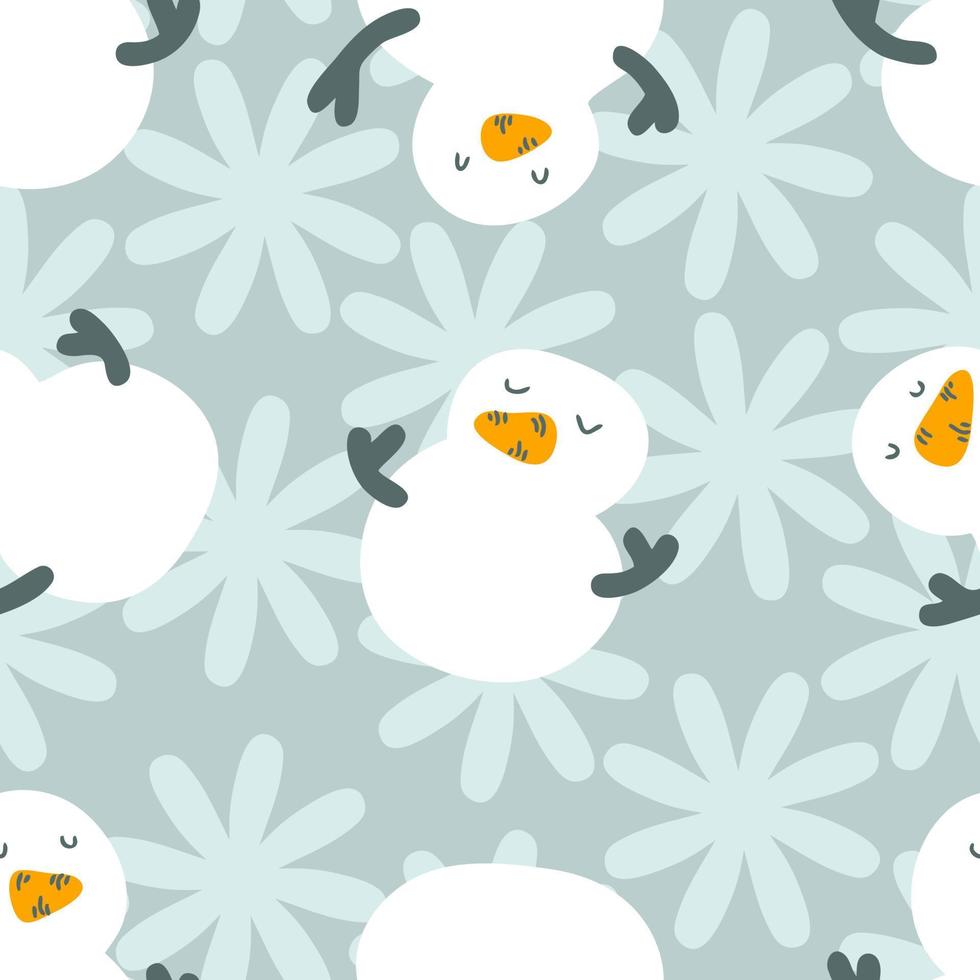 Winter seamless pattern with snowmen and snowflakes. vector