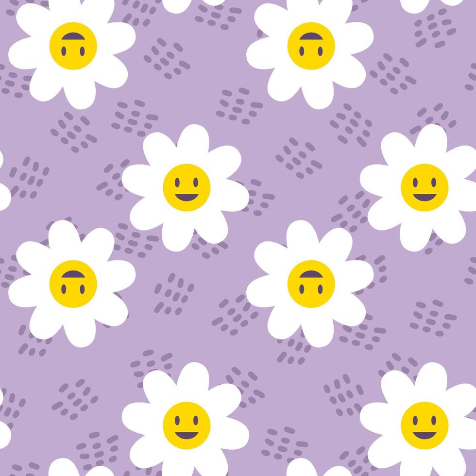 Vintage daisy flowers with smiling faces seamless pattern. vector