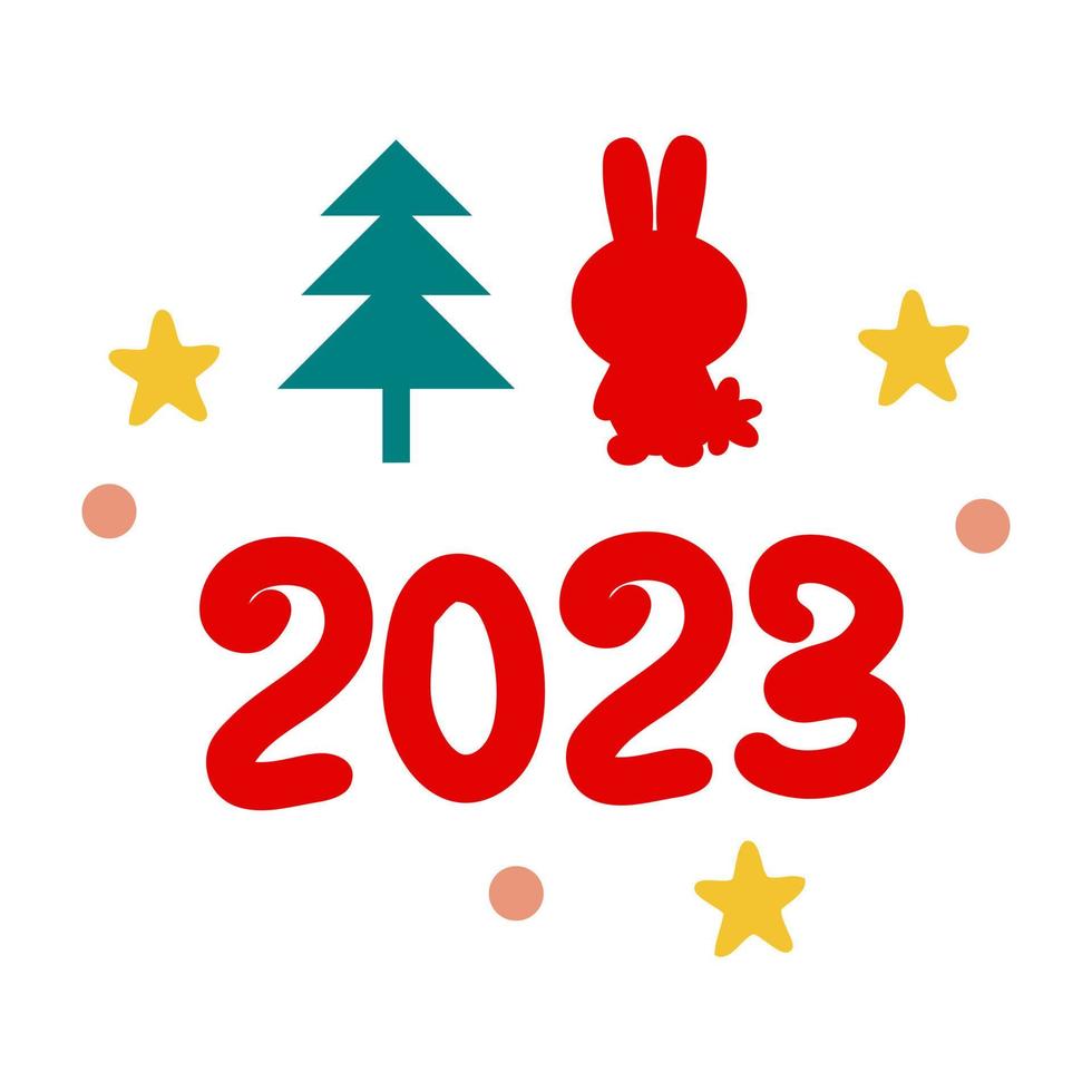 Trendy celebration New Year 2023 print with rabbit, numbers, tree and stars. vector