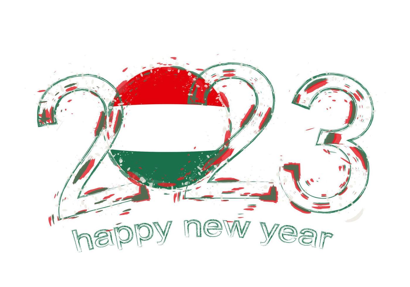 2023 Year in grunge style with flag of Hungary. vector