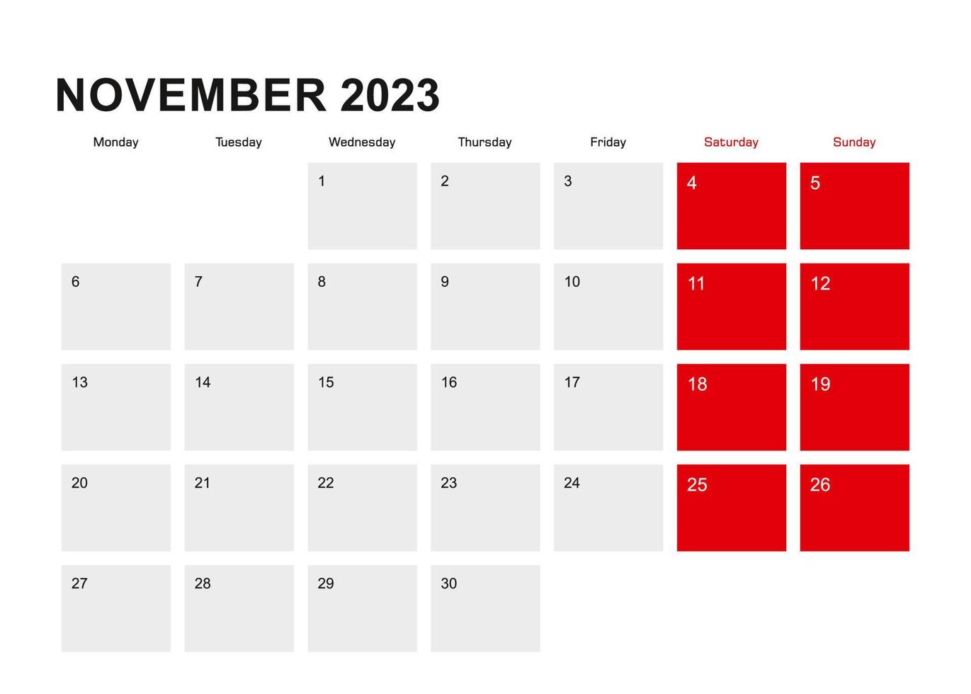 2023 November planner calendar design. Week starts from Monday. vector